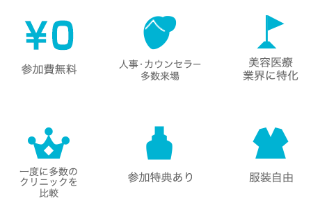 参加費無料、人事・カウンセラー多数来場、美容医療業界に特化、一度に多数のクリニックを比較、参加特典あり、服装自由